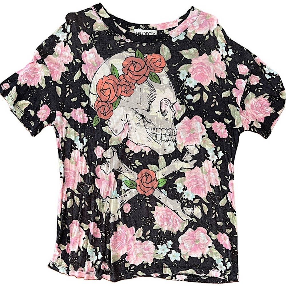Rare Wildfox Dead Head Skull Black Floral Oversizes T Shirt